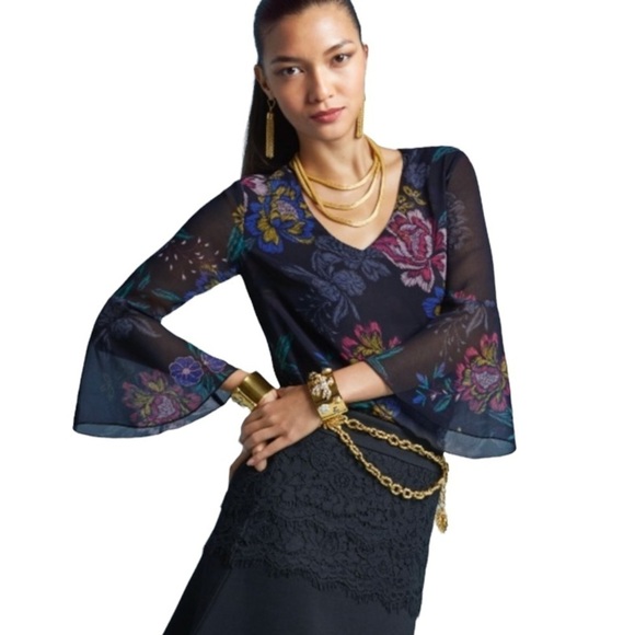 Cabi Semi Sheer Floral Print Olivia Blouse Navy S - Picture 1 of 7